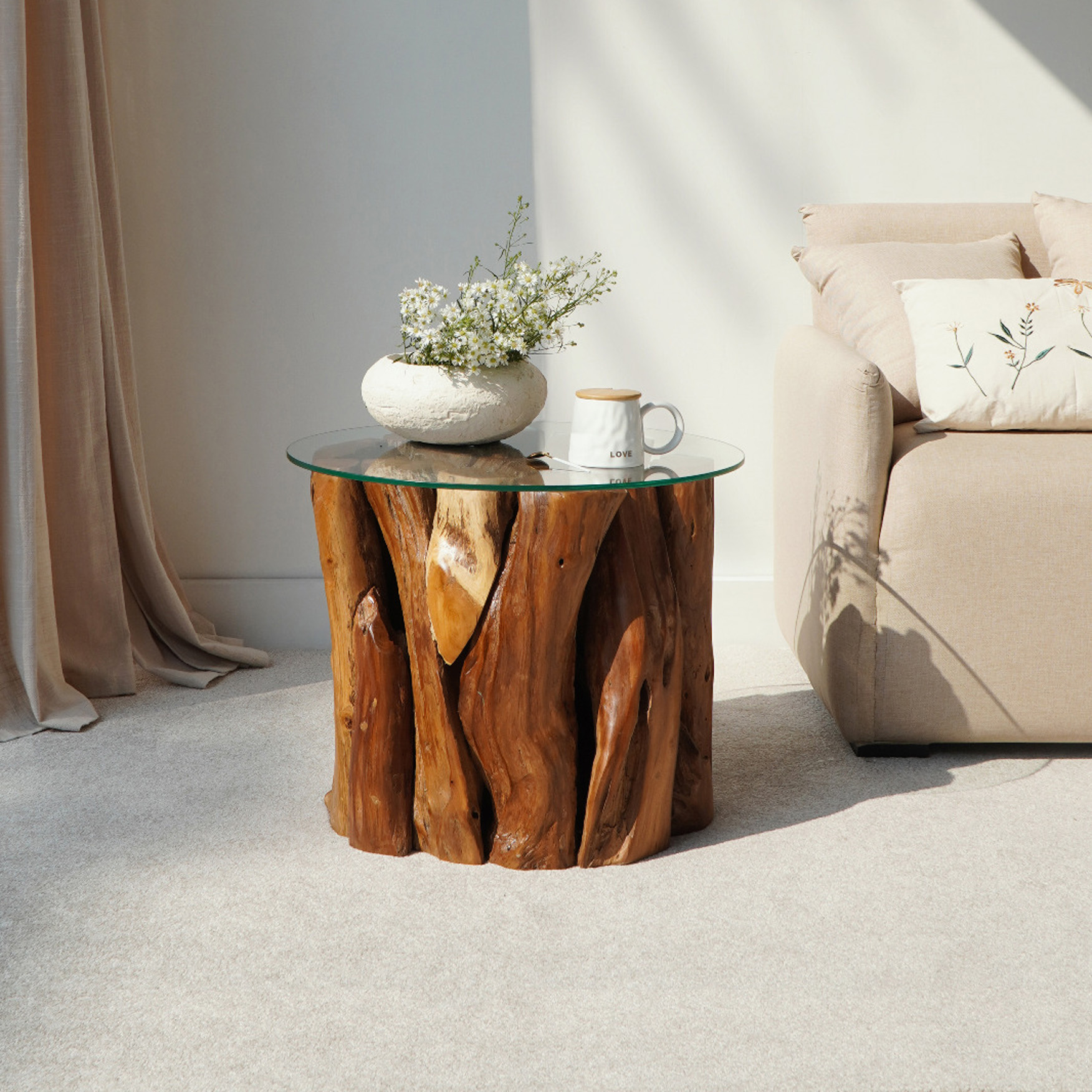 Beistelltisch SOLO | recyceltes Teakholz | 60 cm Glas rund
