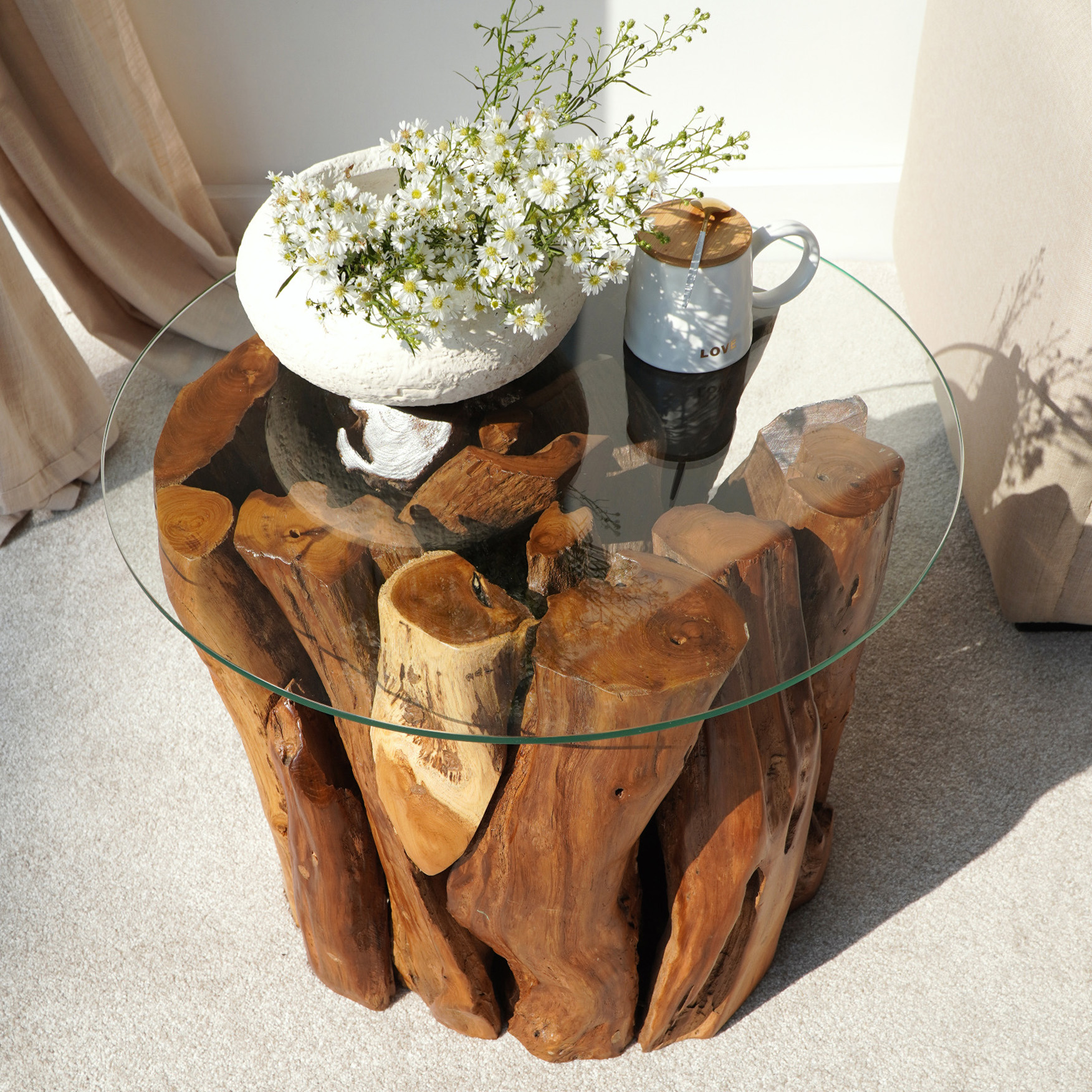 Beistelltisch SOLO | recyceltes Teakholz | 60 cm Glas rund