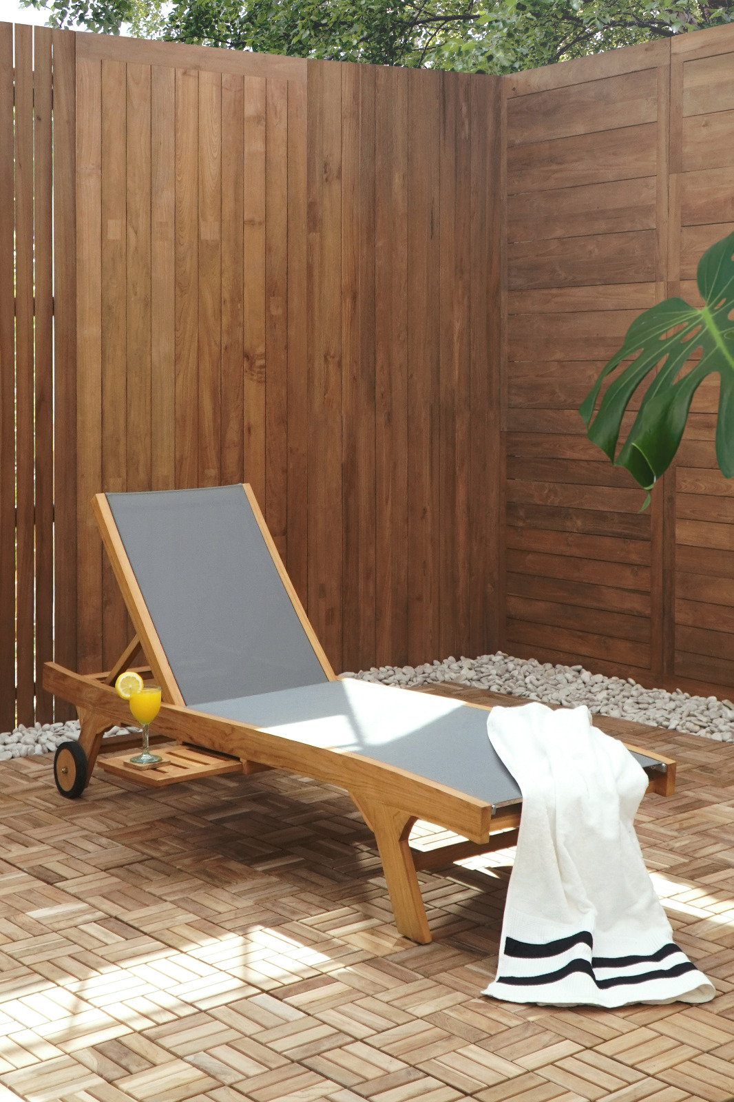 Gartenliege LABOBO  | Teak | Textilgeflecht grau | verstellbar