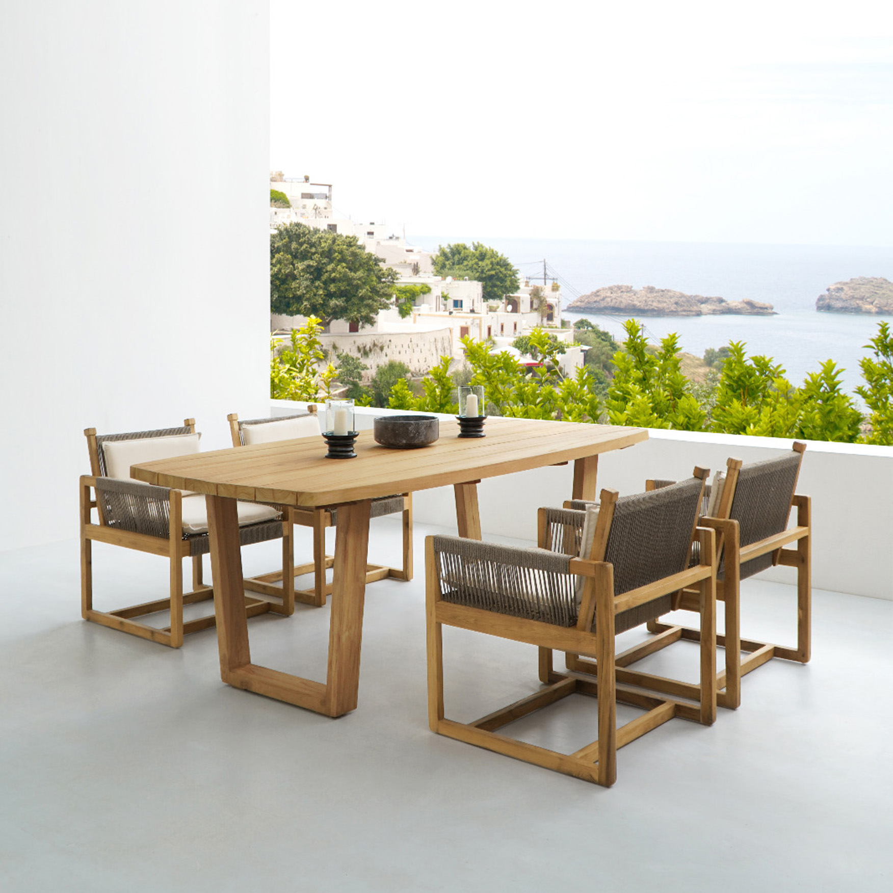 Gartensessel MARIO | Teak | Seilgeflecht taupe | mit Kissen